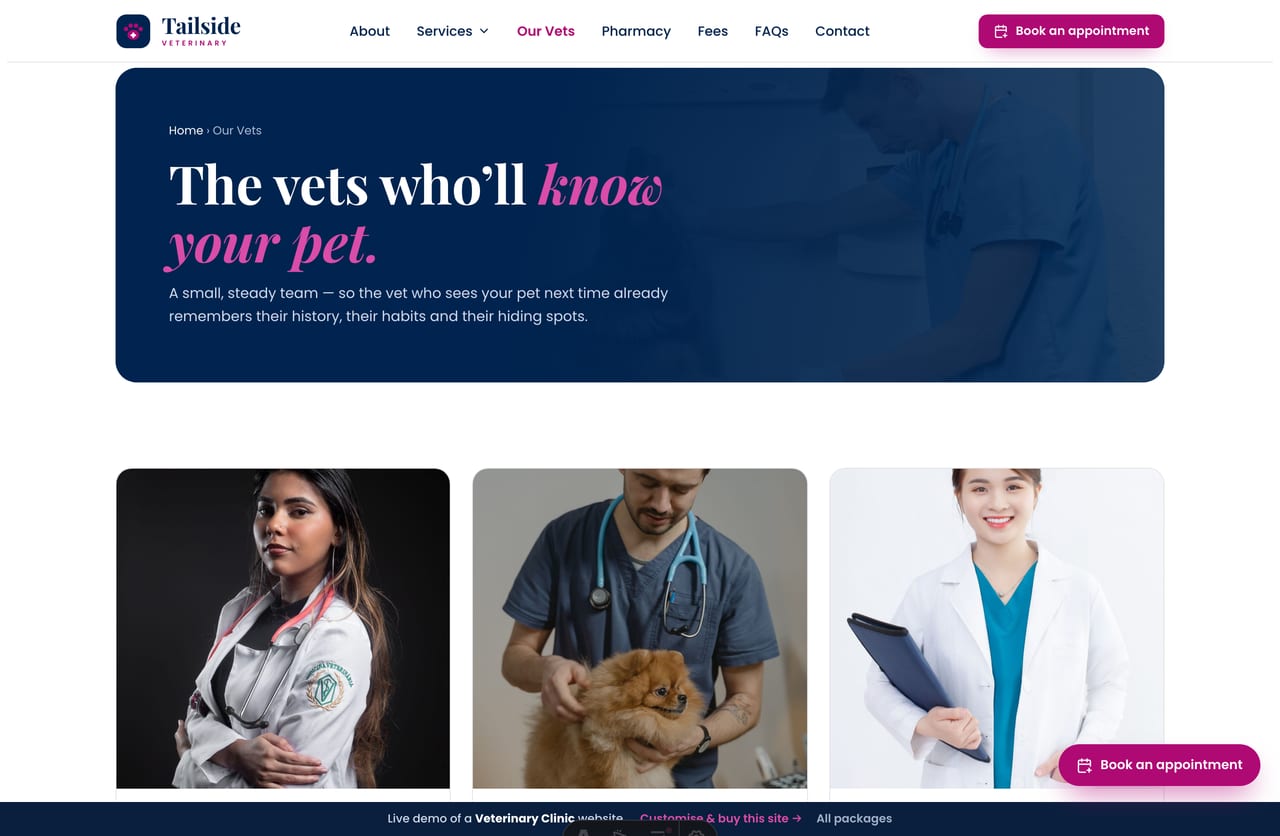 Our Vets page on the Tailside demo — profile cards for the clinic’s small, familiar team of Singapore veterinarians