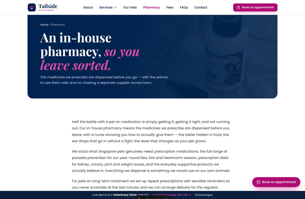 In-house pharmacy page on the Tailside demo — prescription medicines, parasite prevention, prescription diets and repeat scripts