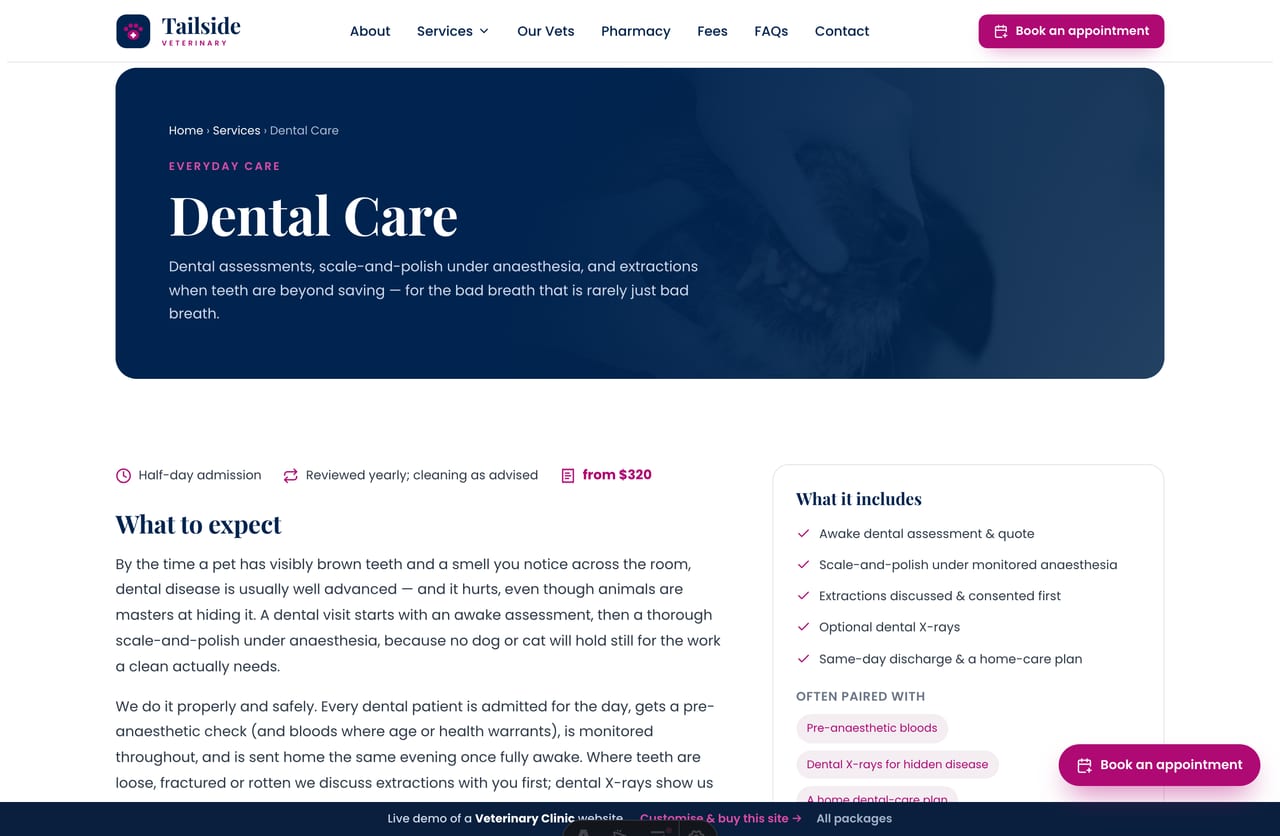 A vet service detail page on the Tailside demo — a navy photo banner, what to expect, what it includes and a book-an-appointment CTA