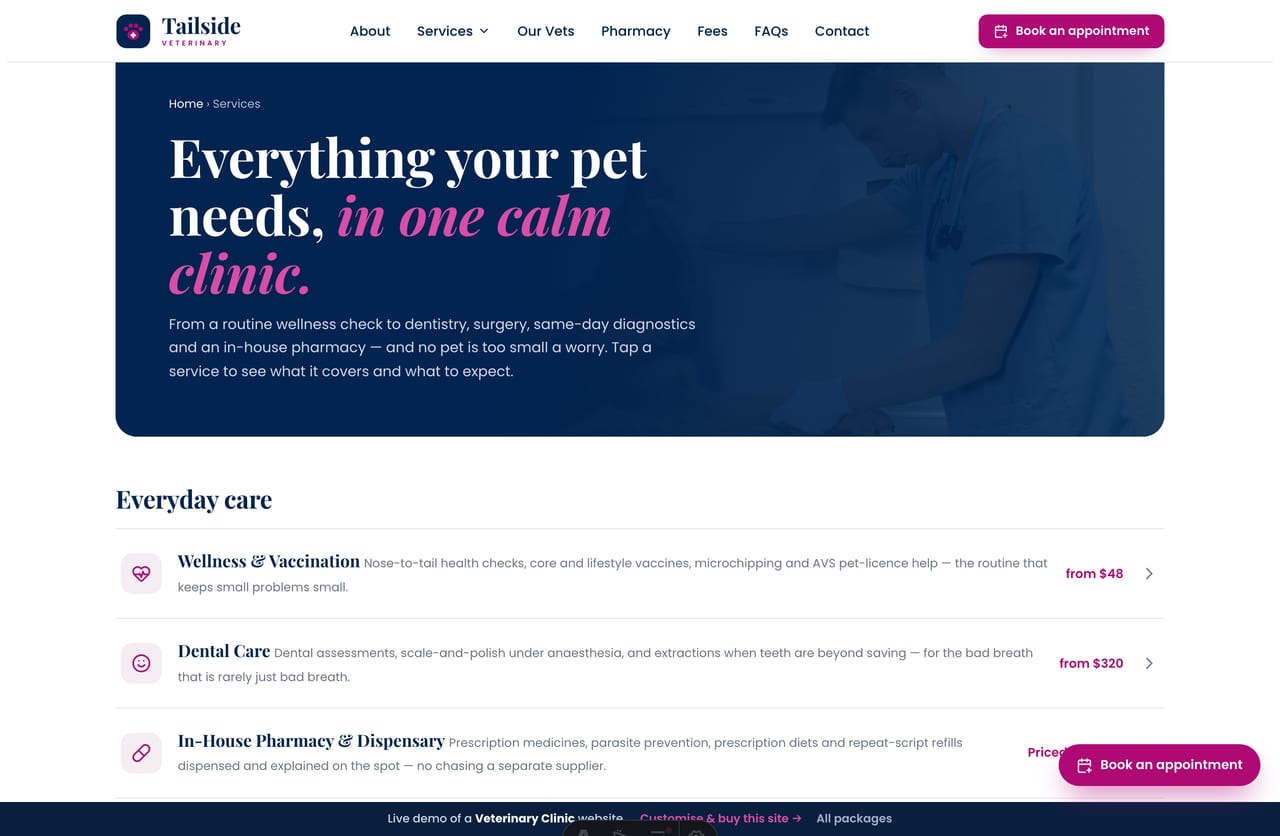 Veterinary services page on the Tailside demo — wellness & vaccination, dental care, surgery, diagnostics, emergency and pharmacy in an accordion-style listing