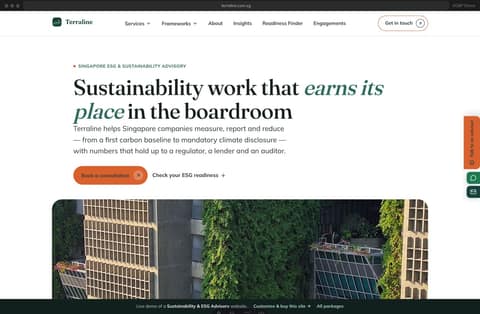 ESG advisory website homepage with an editorial hero and framework strip (Singapore)
