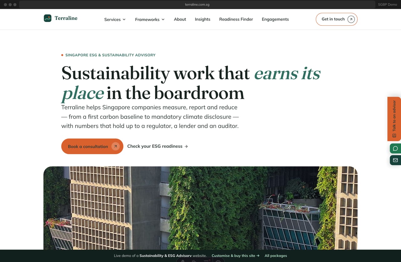 ESG advisory website homepage with an editorial hero and framework strip (Singapore)