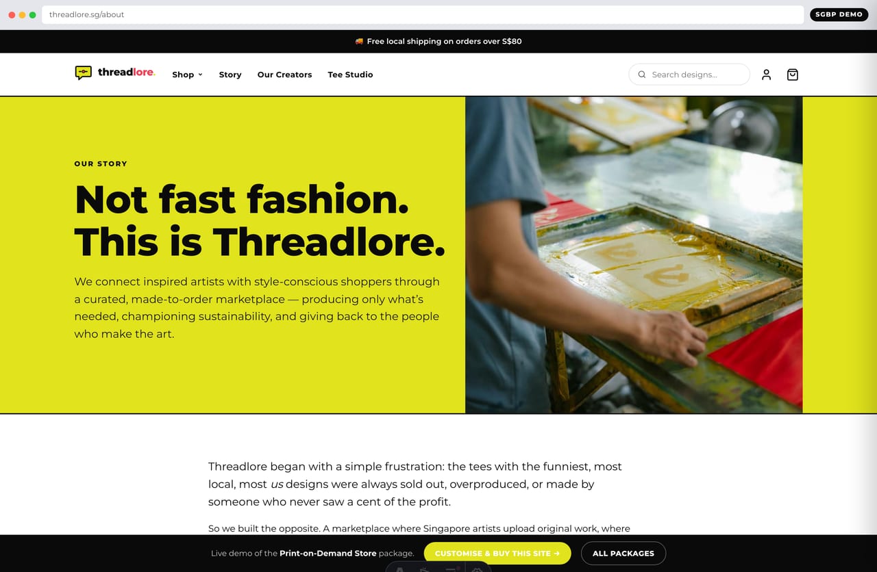 About / brand story page on the Threadlore Singapore print-on-demand store