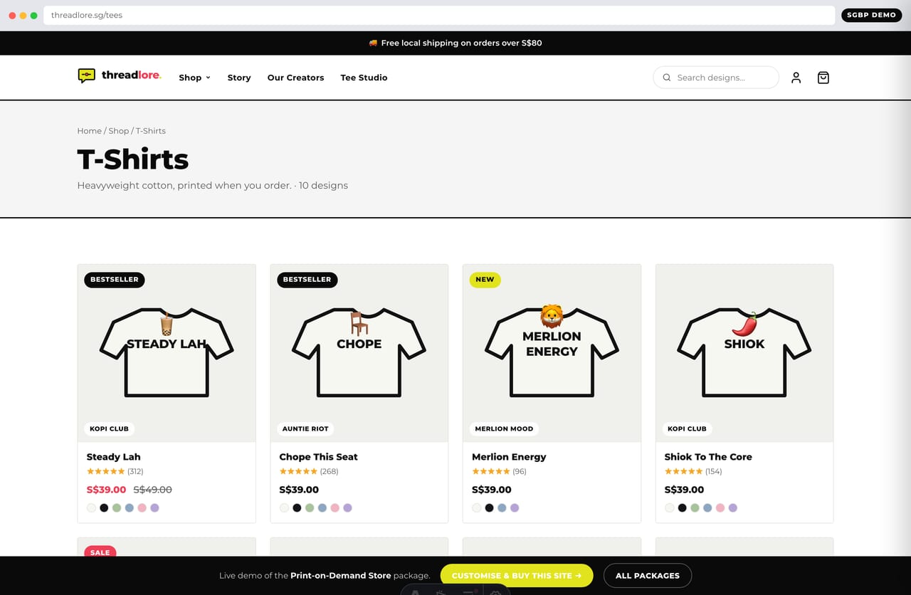 T-Shirts collection page on the Threadlore Singapore print-on-demand merch store