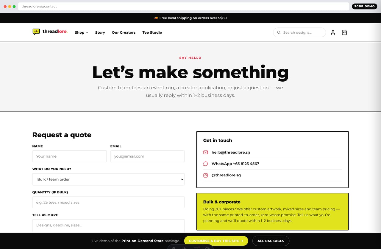 Contact and bulk / custom order enquiry page on the Threadlore POD merch store