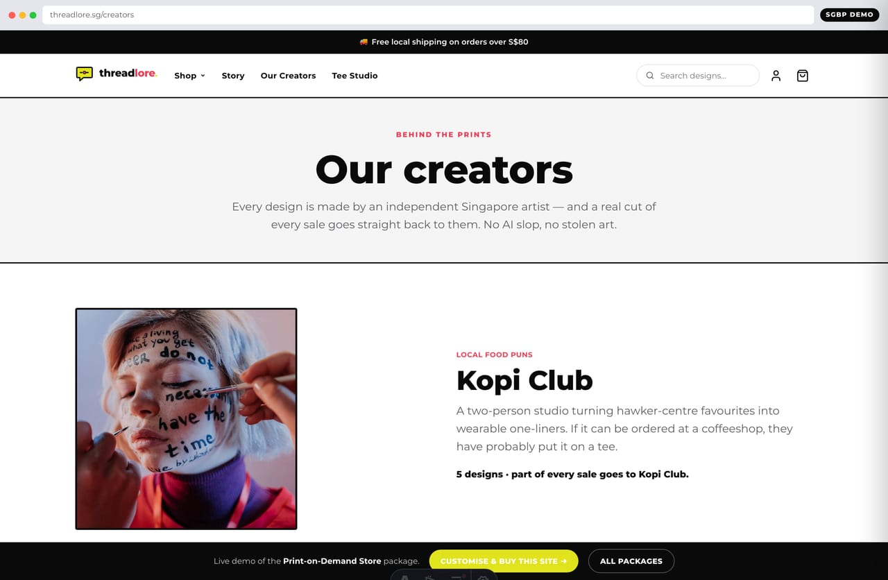 Creators marketplace page showcasing independent Singapore artists on the Threadlore POD store