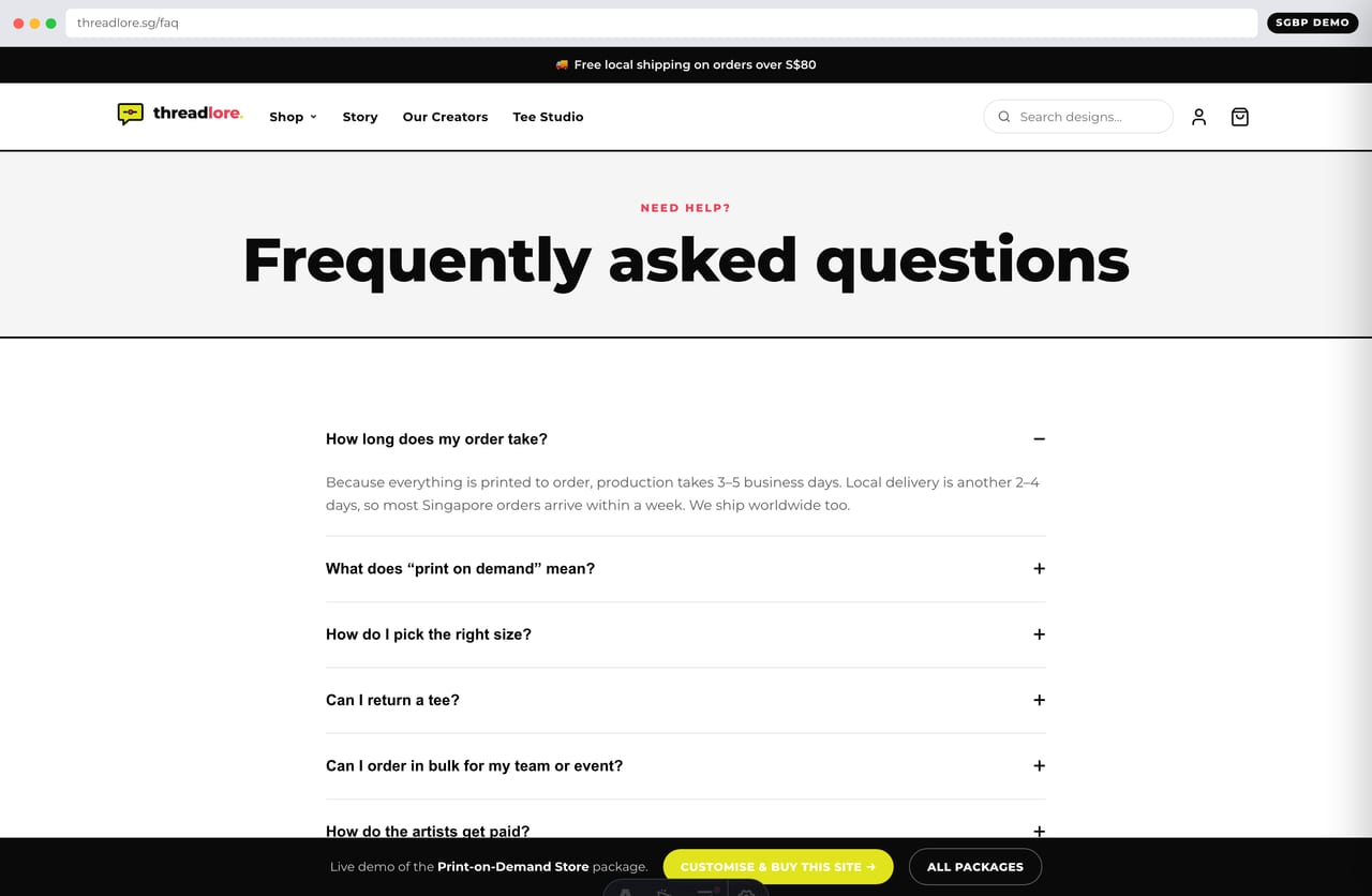 FAQ page covering print-on-demand, sizing and delivery on a Singapore merch store