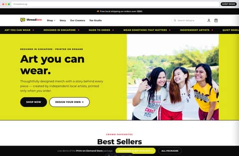 Threadlore print-on-demand store homepage demo — hero, rotating announcement bar and Singlish graphic-tee marquee (Singapore)