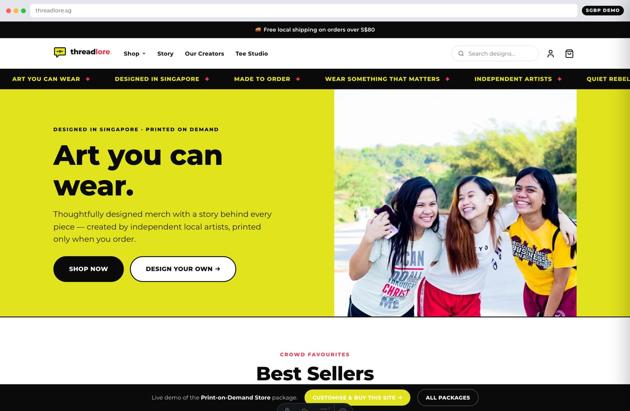 Threadlore print-on-demand store homepage demo — hero, rotating announcement bar and Singlish graphic-tee marquee (Singapore)