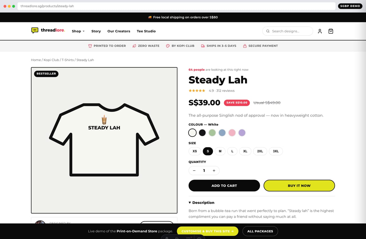Product page with garment mockups, colour swatches, size picker and SGD add-to-cart on the Threadlore store