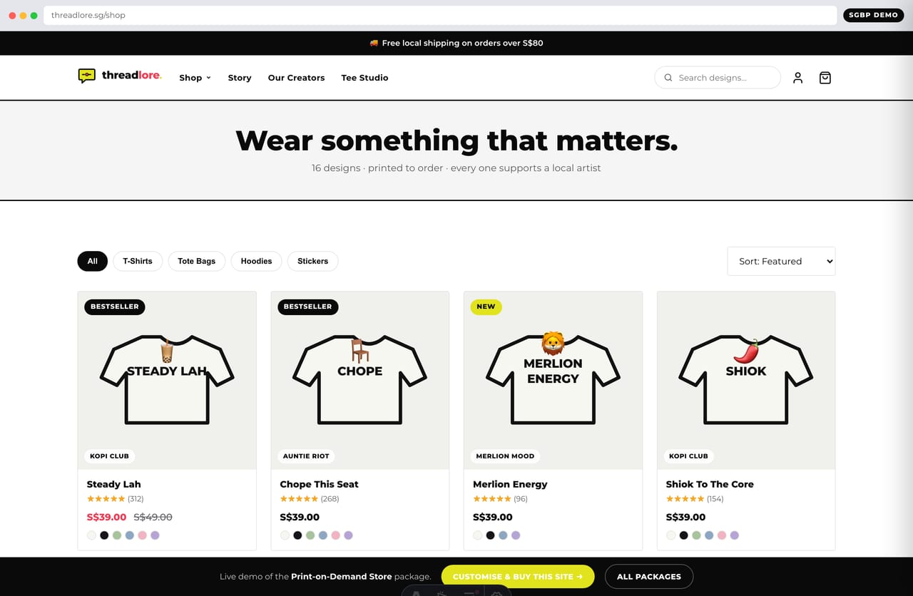 Shop-all page with filterable product grid and SGD pricing on a Singapore POD merch store
