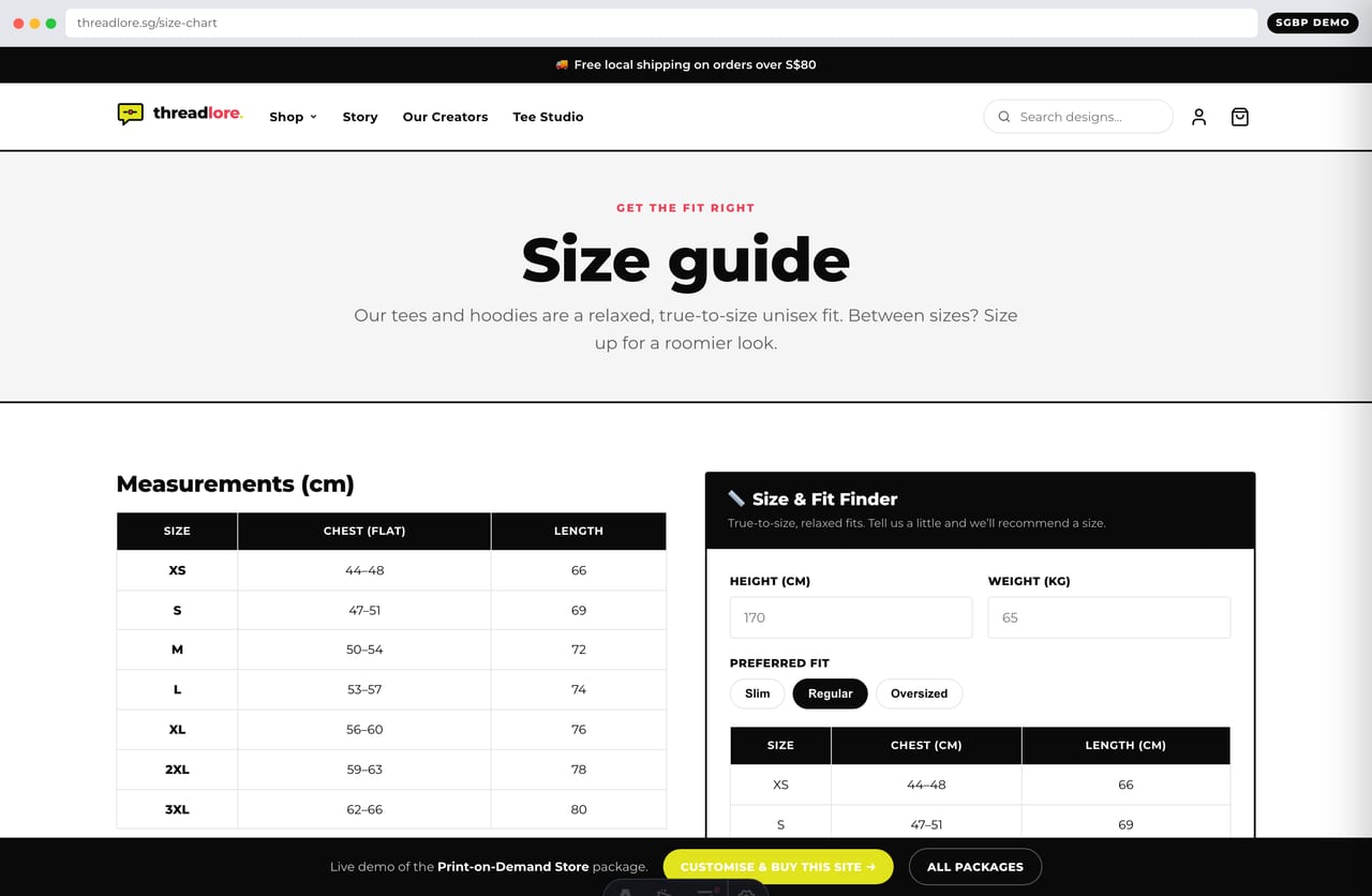 Size and fit finder with cm size chart on a Singapore print-on-demand merch store