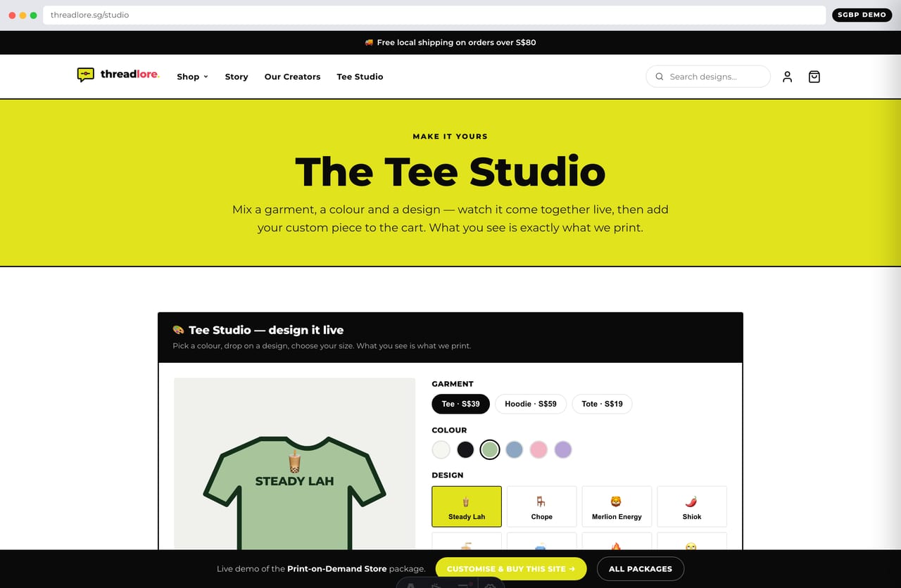 Design-your-own Tee Studio tool on the Threadlore Singapore print-on-demand store