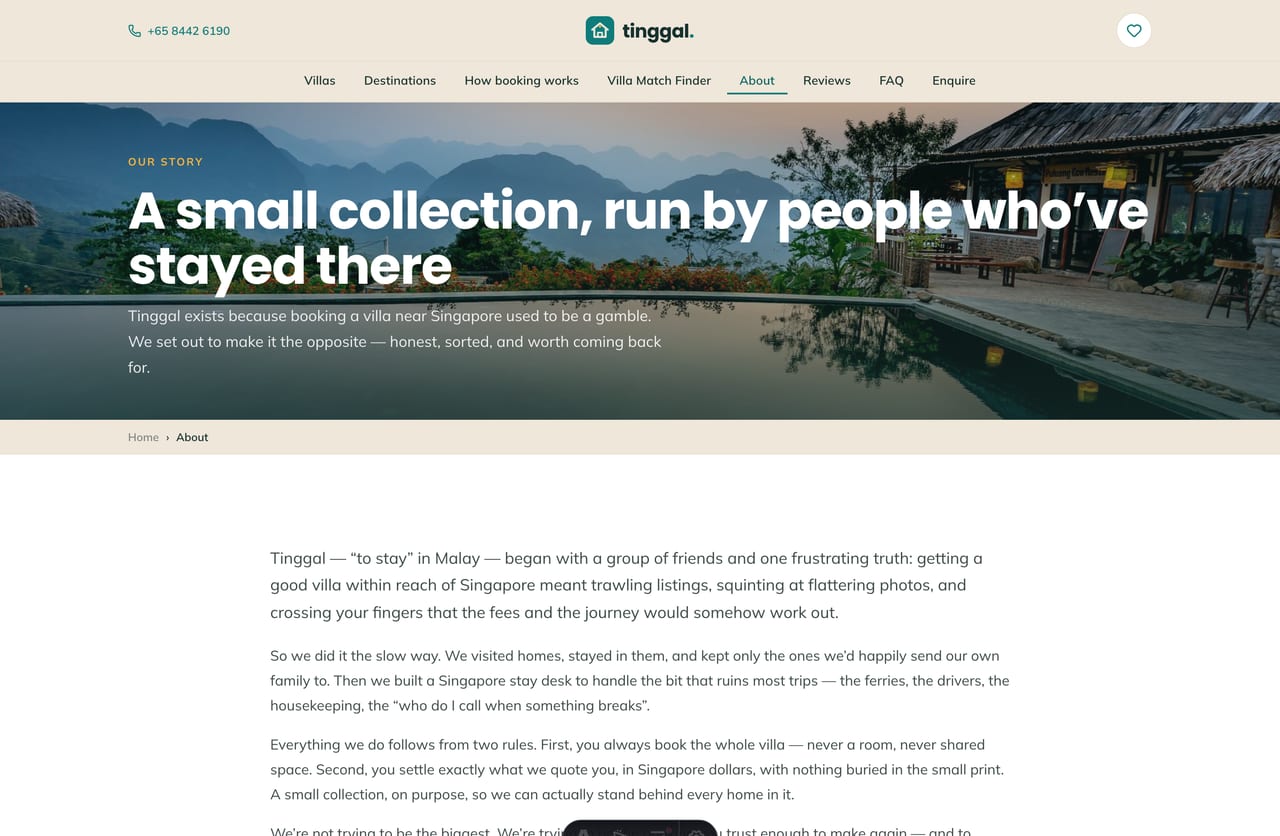 The About / story page for a Singapore villa-rental operator — founder, the team of hosts and the values the brand stands by