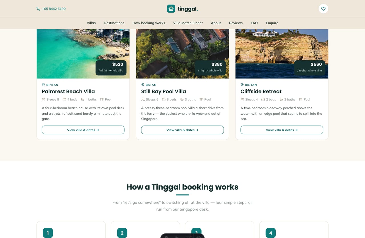 Stay-collection cards on the Tinggal homepage — easy weekend, family getaway, celebration stay and slow week shown as reservation cards with from-totals