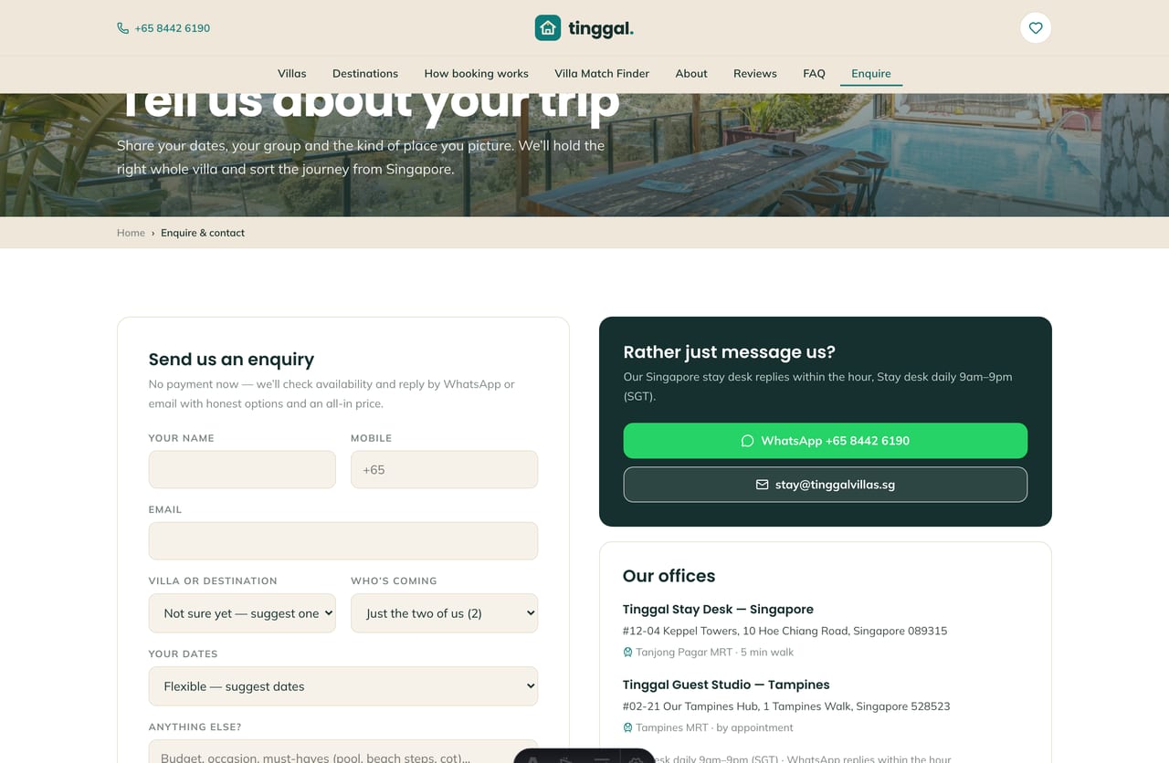 Enquiry & contact page on the Tinggal demo — a PDPA-aware enquiry form with villa & destination selection plus WhatsApp, no cart