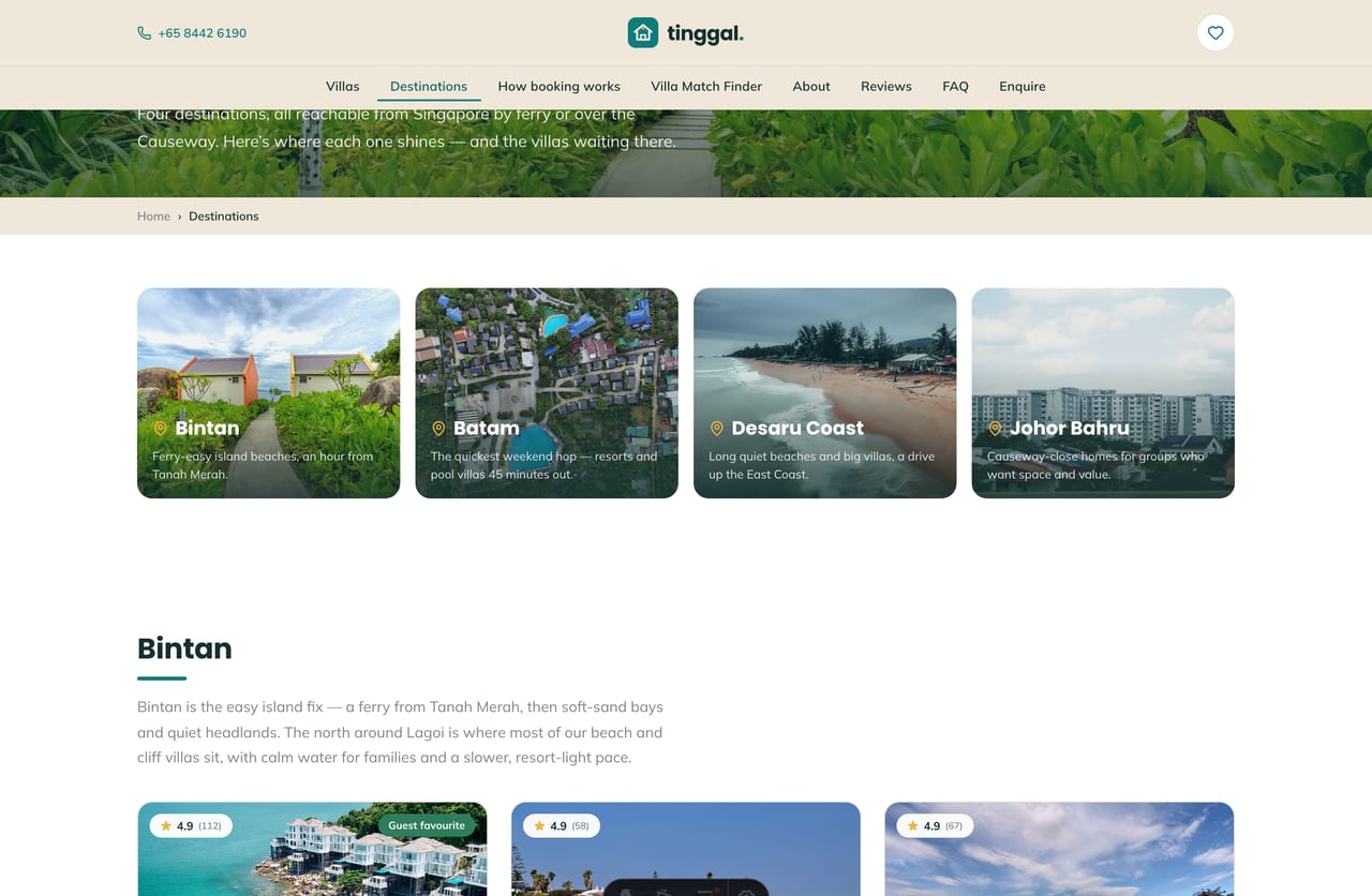 Destinations page on the Tinggal demo — Bintan, Batam, Desaru and Johor shown as photo tiles with editorial getting-there notes and villas per destination
