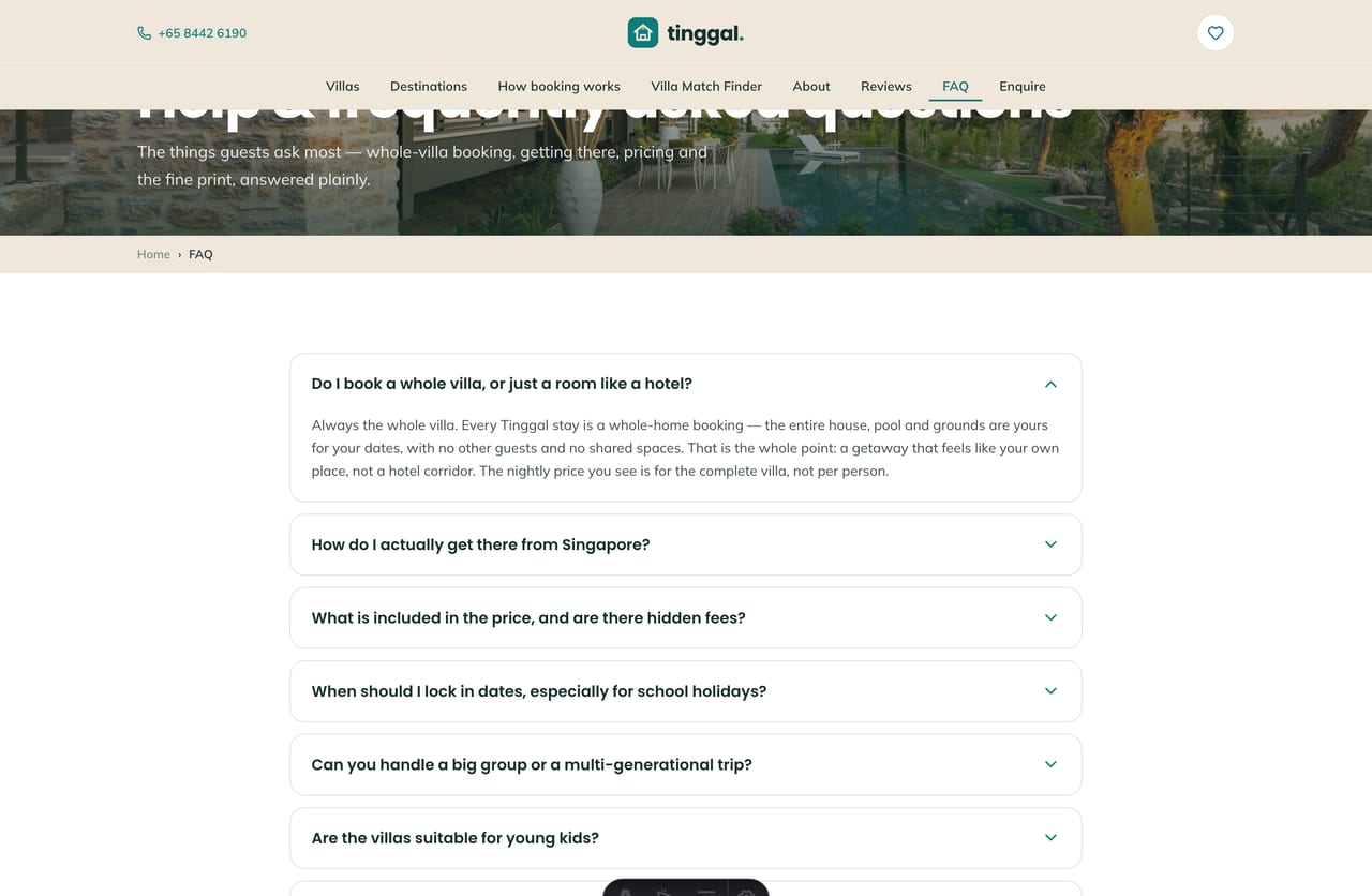 FAQ page on the Tinggal demo — an accordion of common questions about whole-villa booking, getting there, pricing and the fine print
