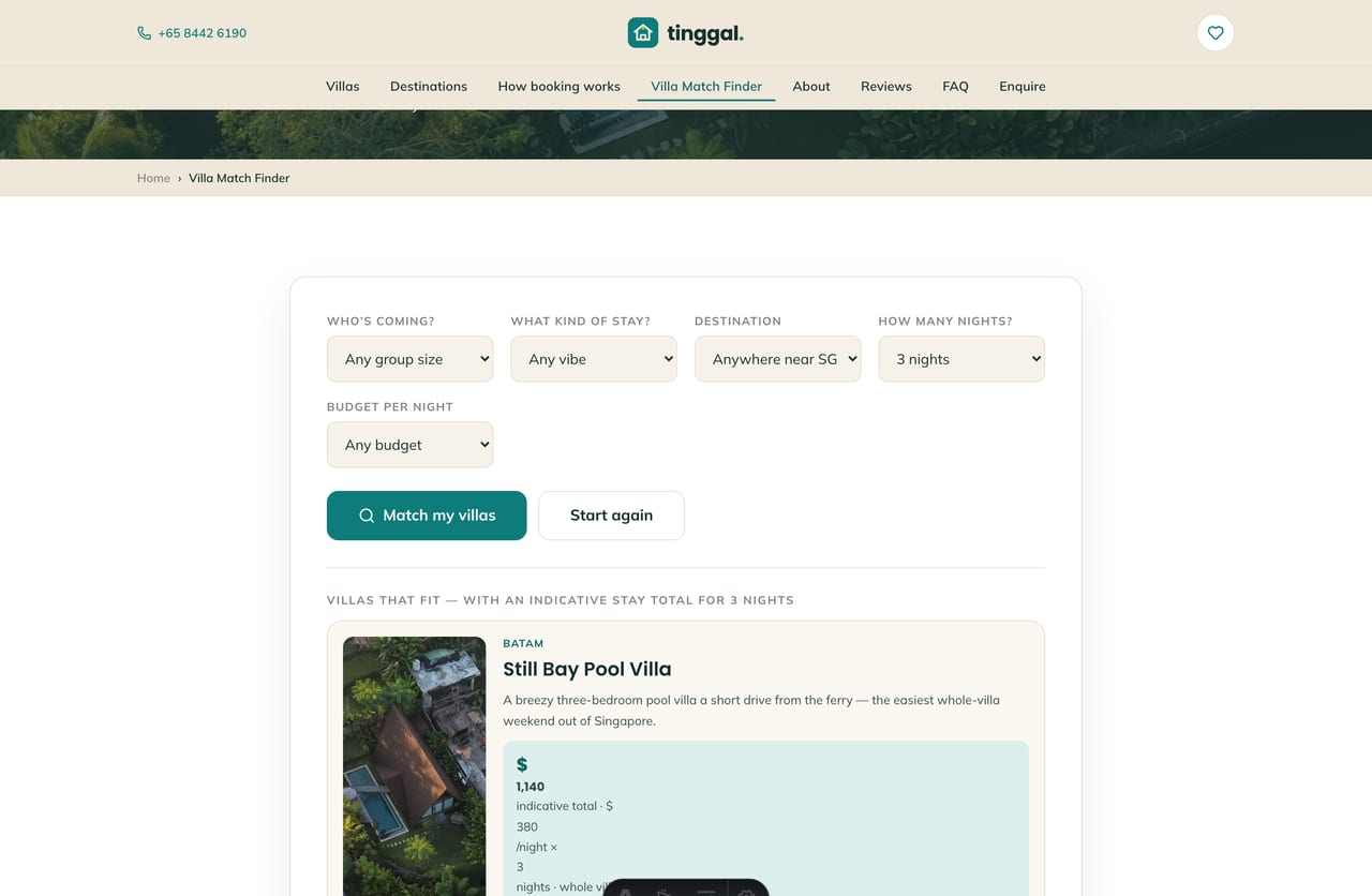 Villa Match Finder results on a Singapore villa-rental site — matched whole villas with an indicative stay total (nightly rate times nights) and check-availability CTAs