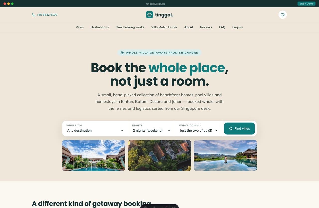 Tinggal villa-rental Singapore website homepage demo — a centered wordmark, a search-bar hero, and image-led villa cards with price-on-image badges in a warm coastal sand & teal layout