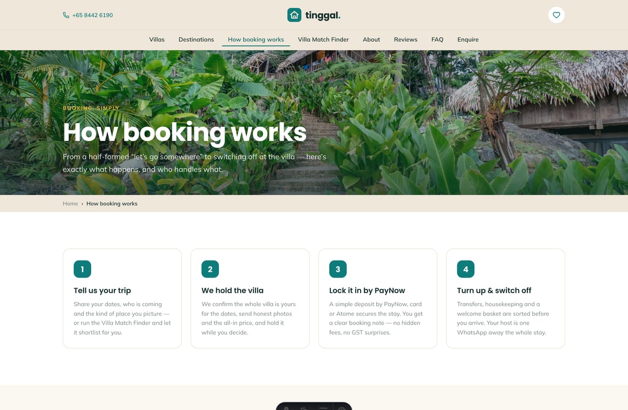 How-booking-works page on the Tinggal demo — four numbered steps and a clear who-handles-what breakdown for a whole-villa booking from Singapore