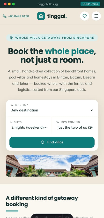 The Tinggal villa-rental website on mobile — search-bar hero and a sticky enquiry bar at 430px