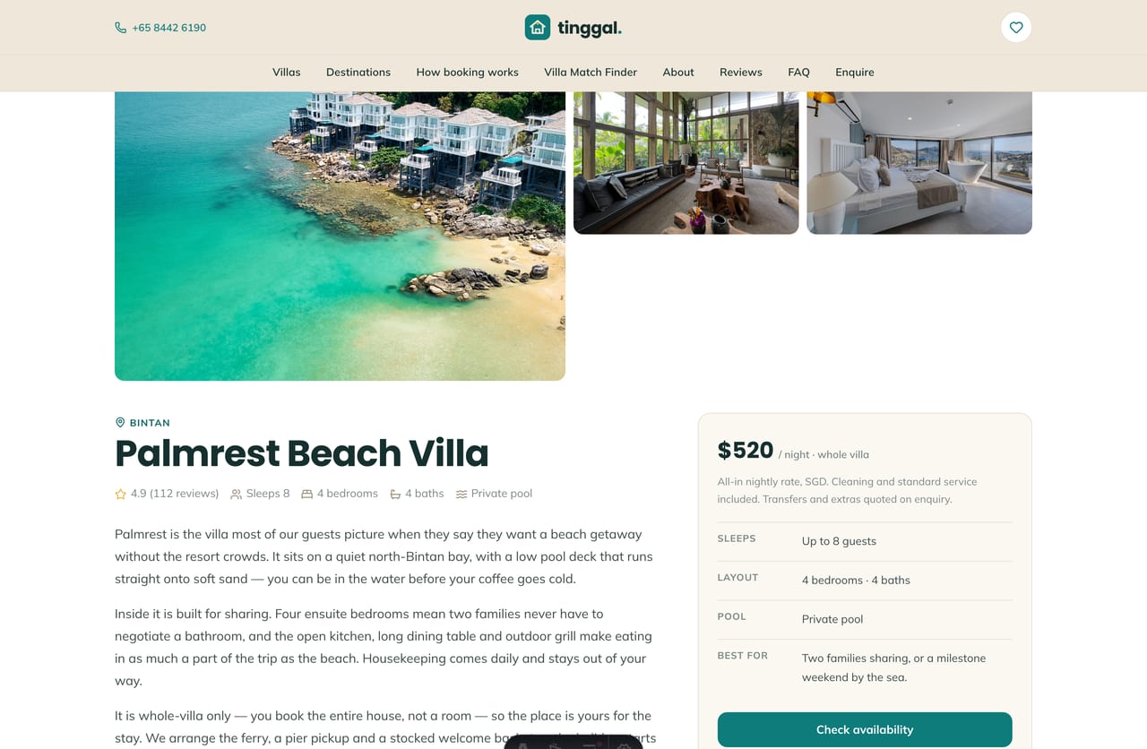 A villa detail page on the Tinggal demo — photo gallery, sleeps and layout, what the villa includes, a sticky check-availability aside and similar villas