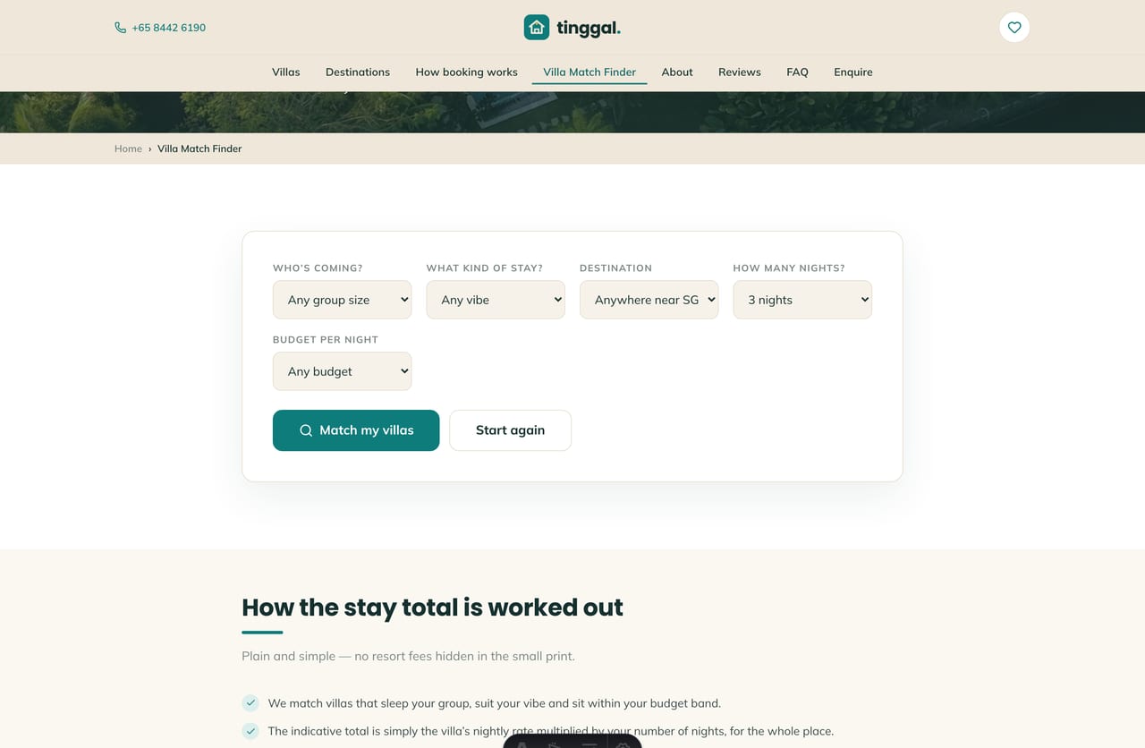 The interactive Villa Match Finder tool on the Tinggal demo — pick a group size, vibe, destination, nights and budget for matched whole villas