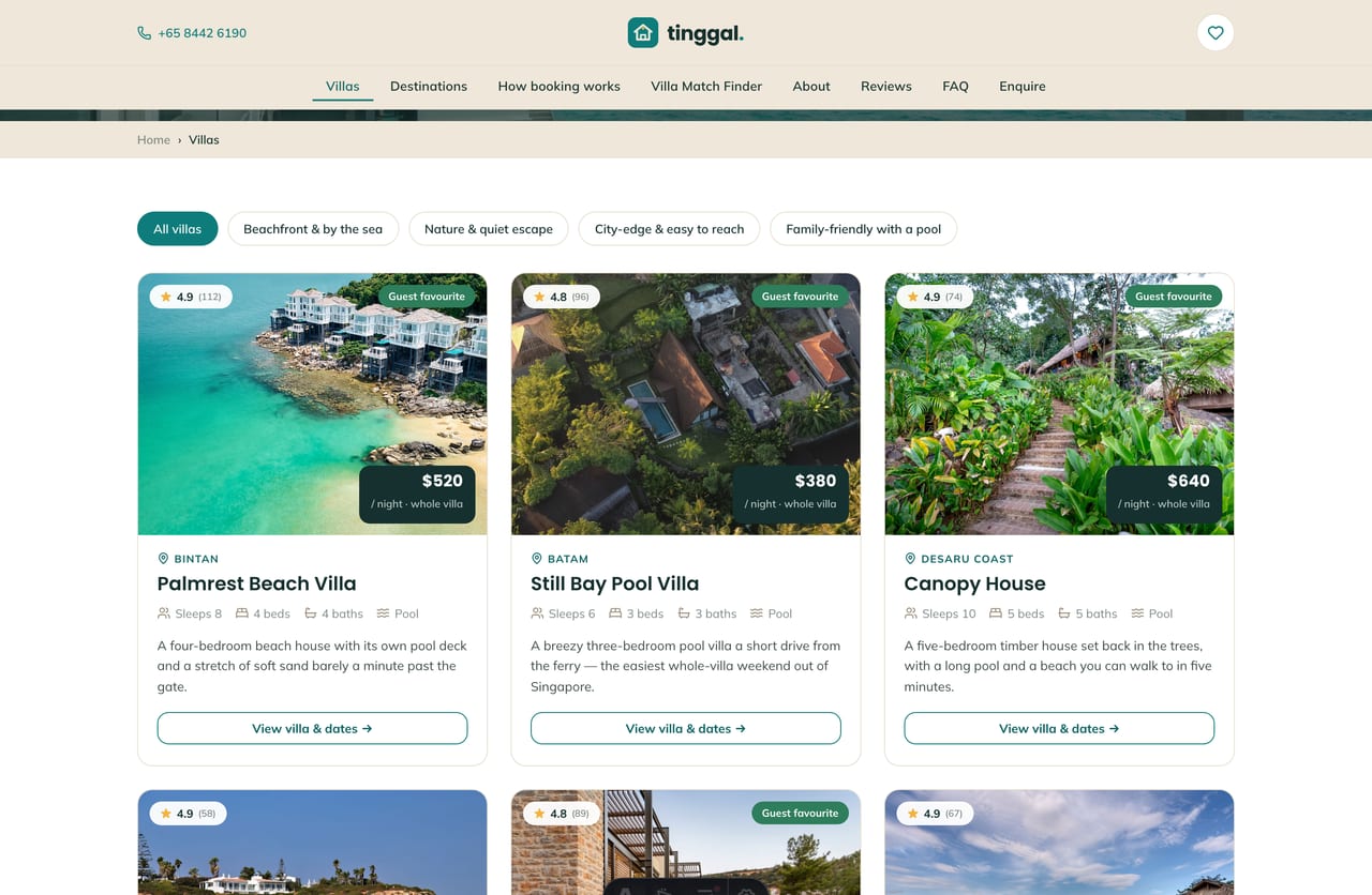 Villas listing page on the Tinggal demo — whole-home rentals filtered by vibe and grouped by destination, each card showing sleeps, bedrooms, pool and a per-night price