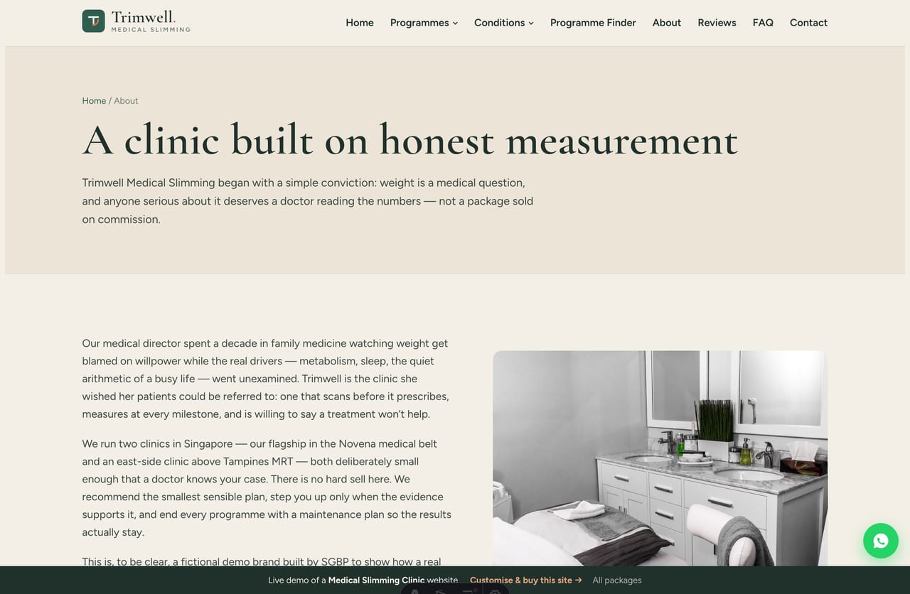 The About page for a Singapore doctor-led slimming clinic — founder story, a stats band and the clinical team