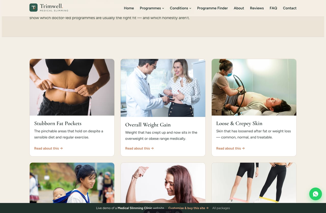 Conditions page on the Trimwell demo — stubborn fat, loose skin, post-pregnancy and more as image-top cards linking to condition pages