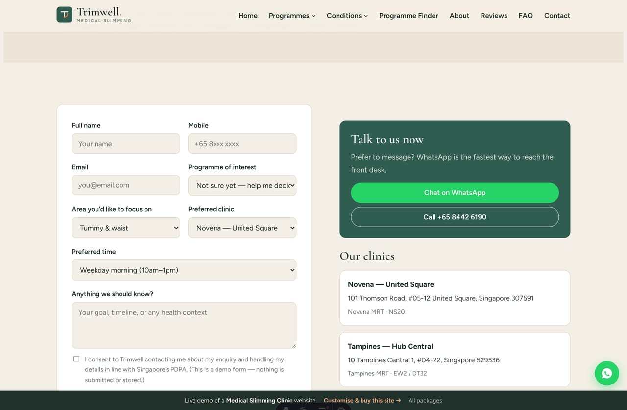 Book-a-consultation page on the Trimwell demo — a PDPA-aware booking form with programme, area, clinic and preferred time, plus WhatsApp