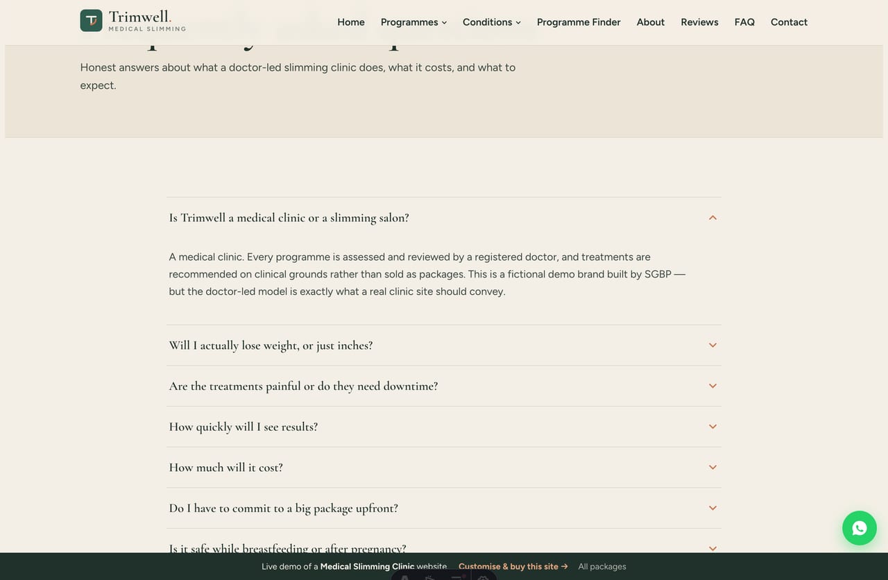 FAQ page on the Trimwell demo — a single-column serif question accordion for a medical slimming clinic