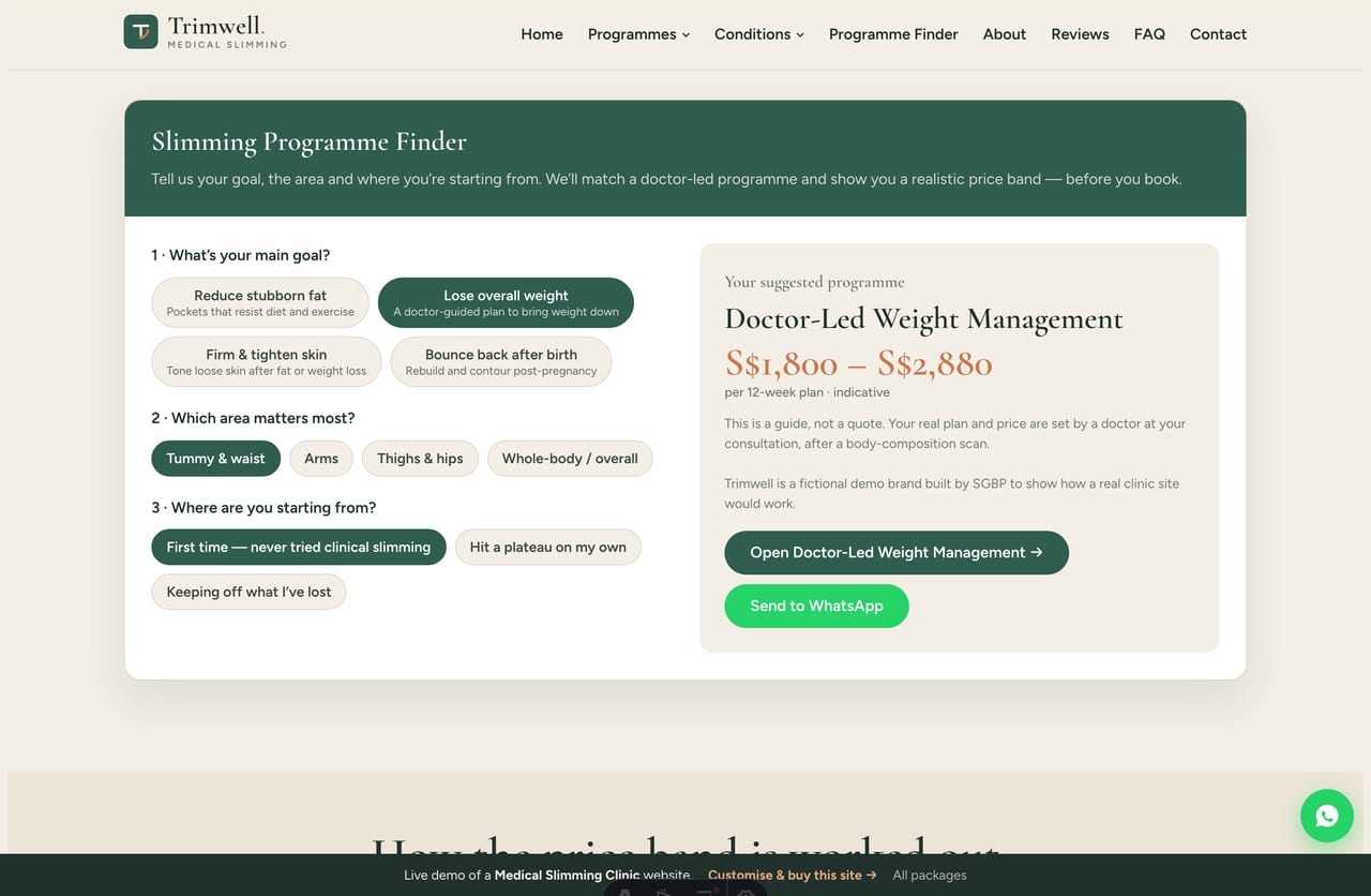 Programme Finder result on a Singapore medical slimming site — a matched programme name with an indicative price band and a WhatsApp CTA