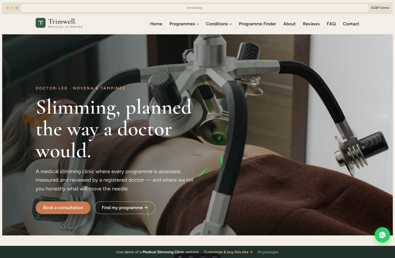 Trimwell medical slimming clinic Singapore website homepage demo — a sage-green and clay clinical site with a full-bleed photo hero, serif headings and a programme finder
