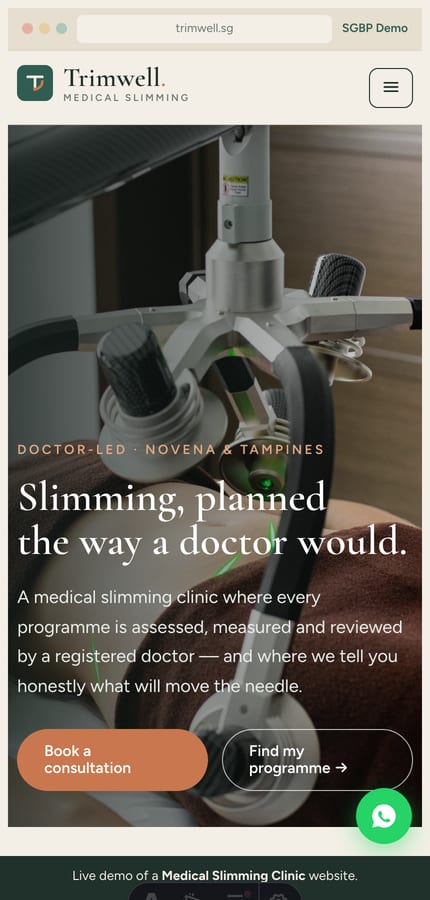 The Trimwell medical slimming website on mobile — the photo hero and booking CTA at 430px