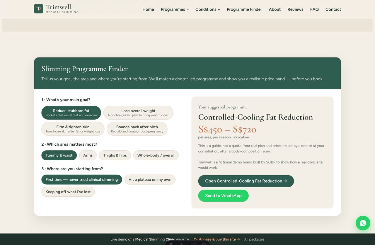 The interactive Slimming Programme Finder on the Trimwell demo — pick goal, area and starting point to be matched to a doctor-led programme and price band