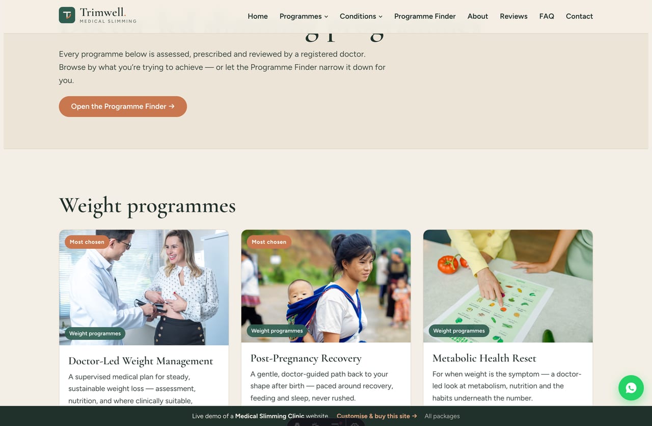 Programmes page on the Trimwell demo — doctor-led weight management, fat reduction and firming programmes as image-top cards grouped by category