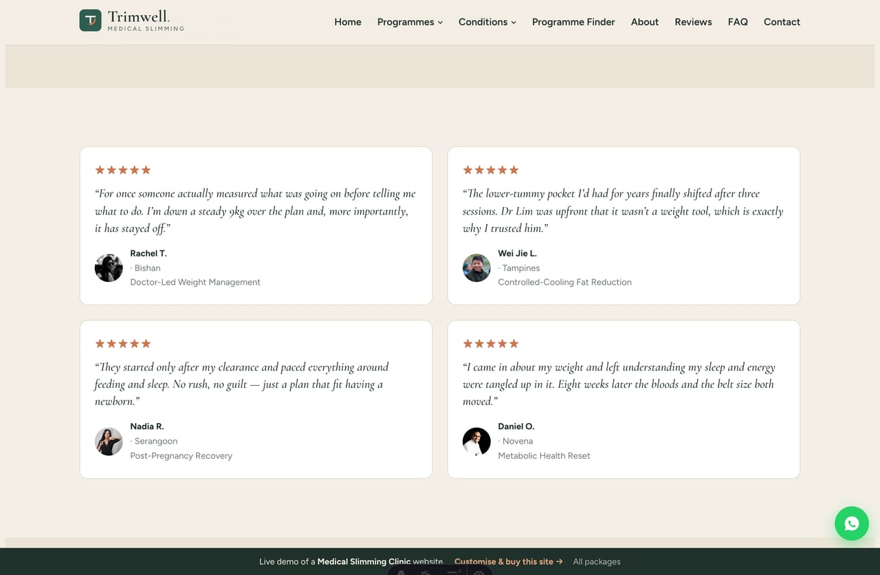 Reviews page on the Trimwell demo — measured, no-miracle client testimonials with serif quote cards
