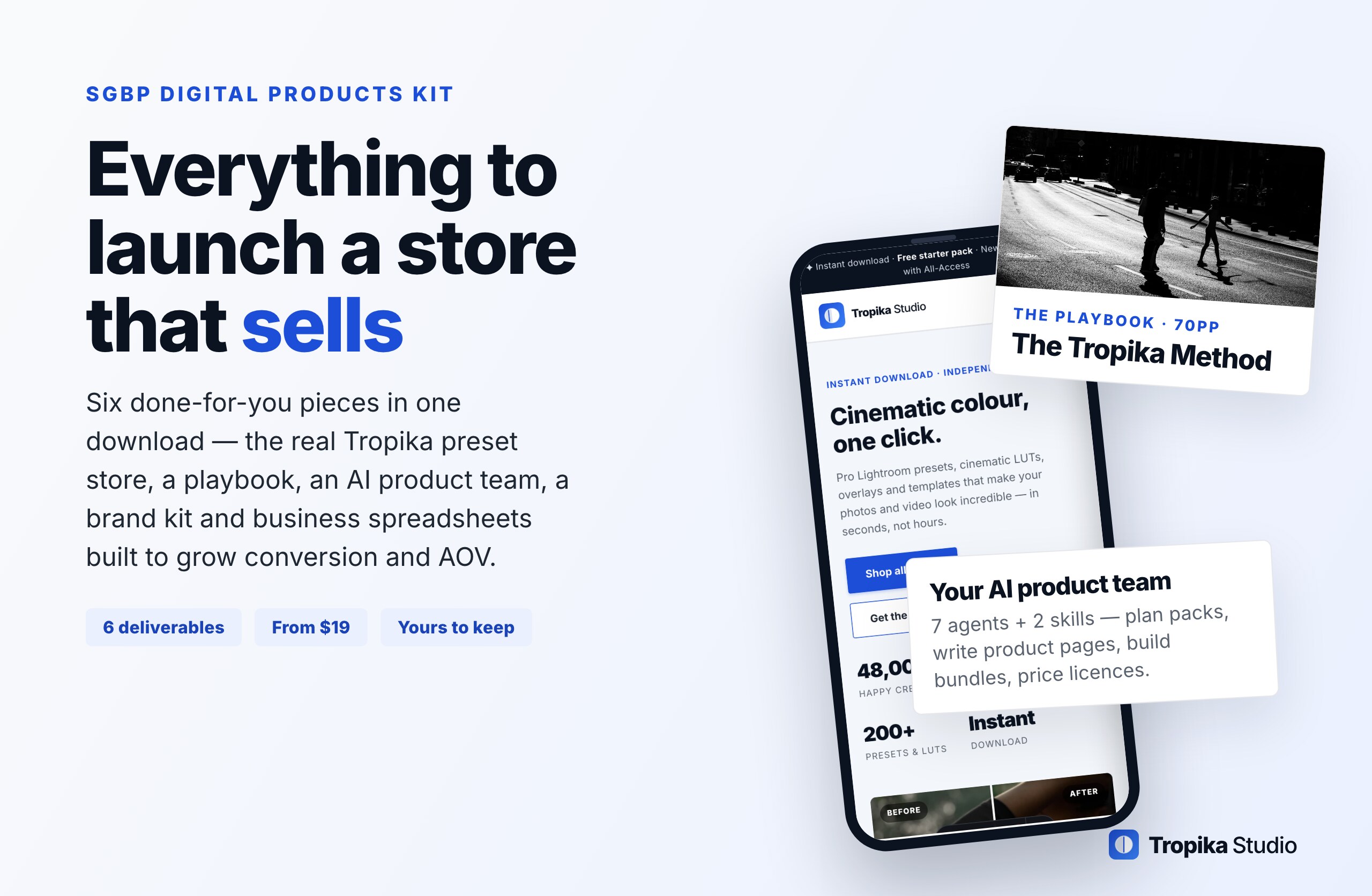 Everything in the Tropika Studio digital products launch kit — book, store, AI agents, brand kit, templates and email course