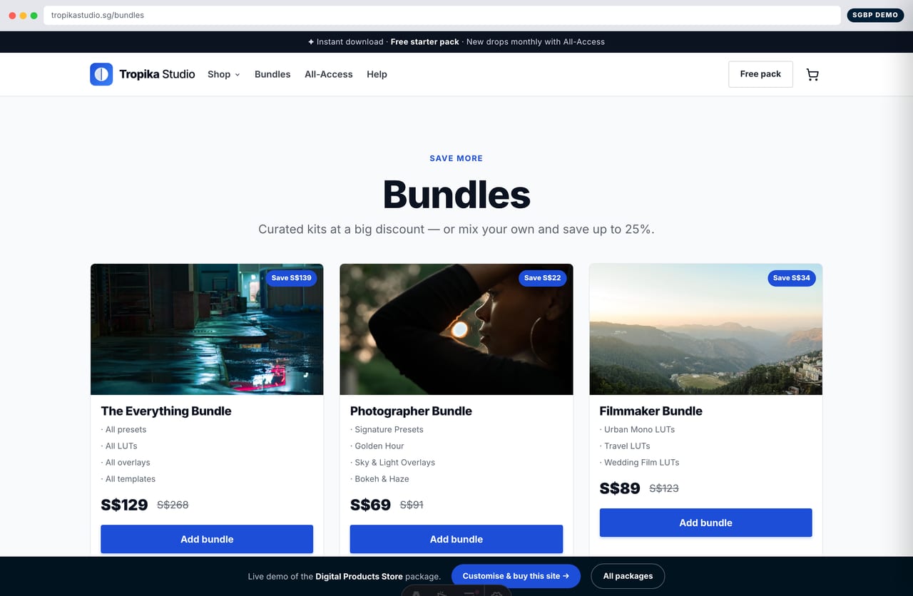 Bundle deals page showing value-stacked preset and LUT bundles on a Singapore store