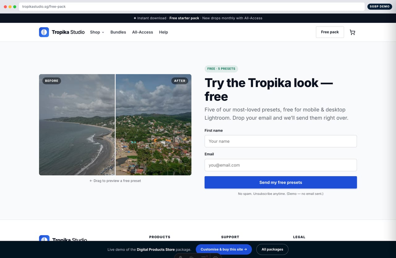 Free starter pack email-gate page on the Tropika Studio digital store demo