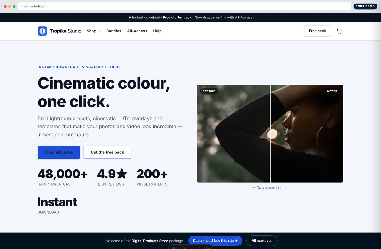 Tropika Studio digital products store homepage demo — hero with a drag-to-compare before/after preview (Singapore)