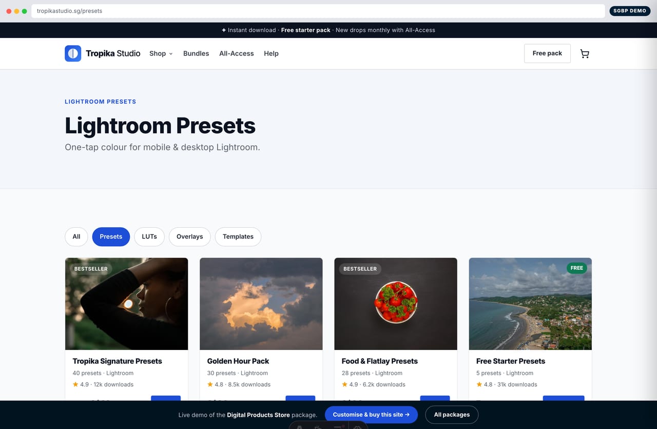 Lightroom presets category page on a Singapore digital downloads store