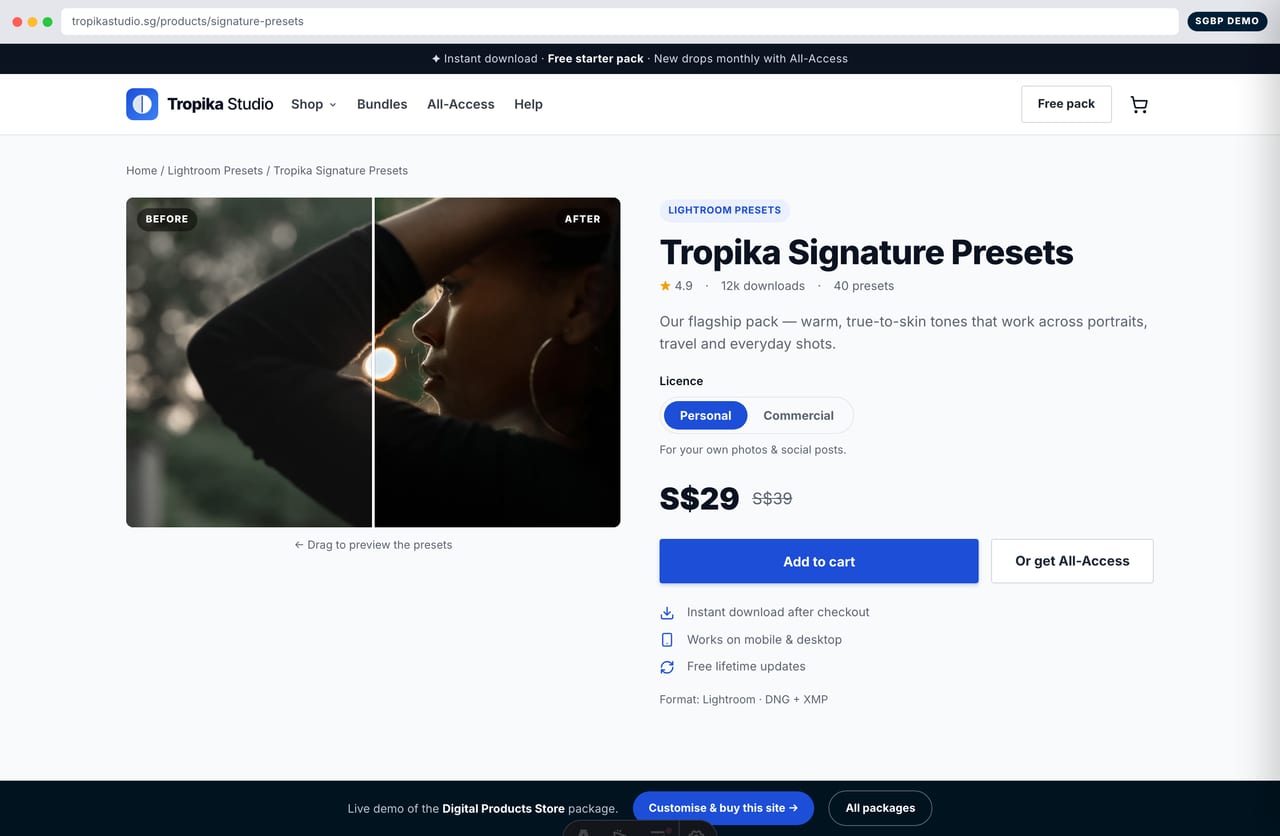 Digital product page with before/after preview, format, licence options and instant download