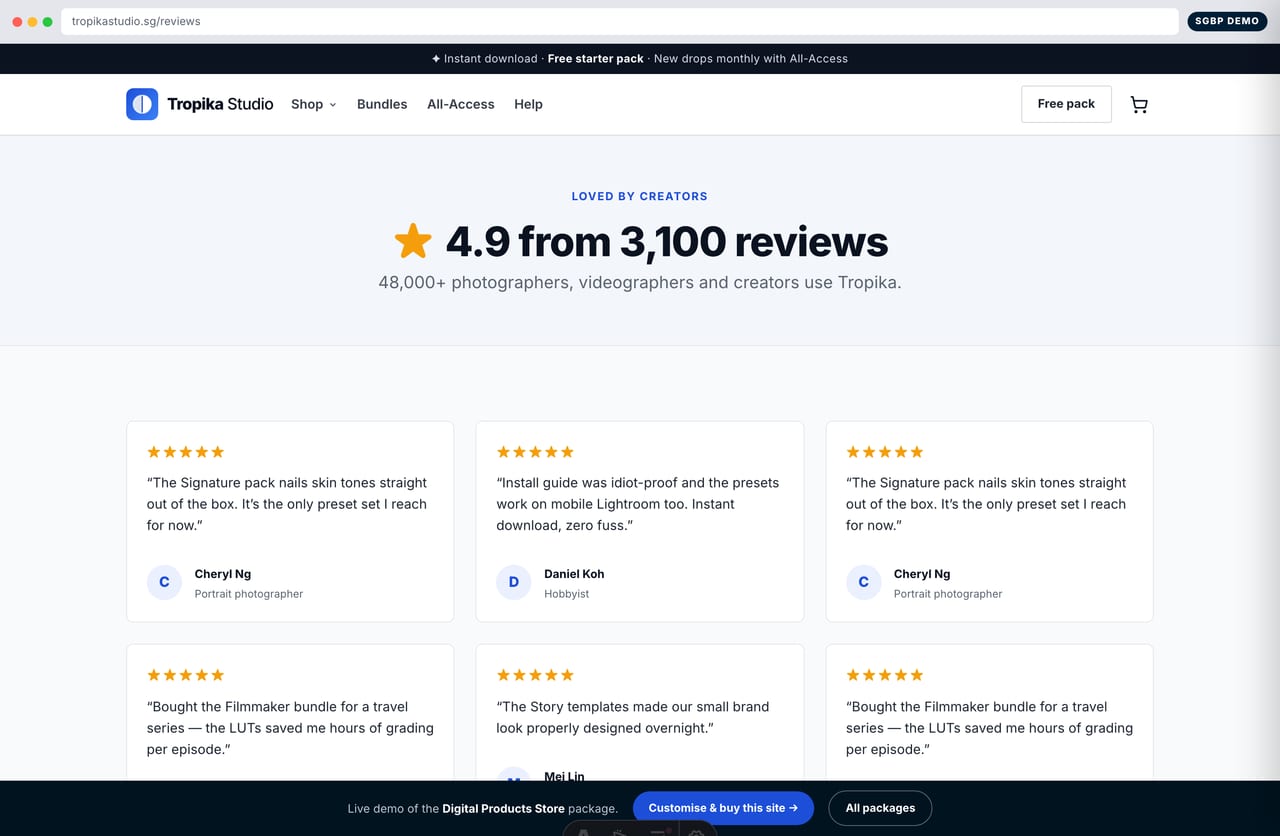 Customer reviews and star ratings from Singapore creators on the digital store