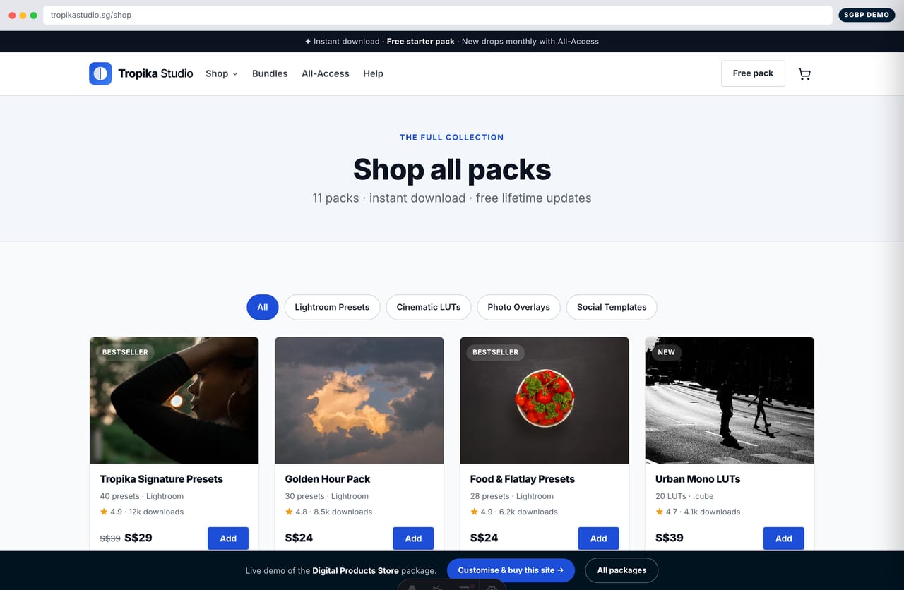 Shop page with a filterable grid of preset, LUT and overlay packs in SGD