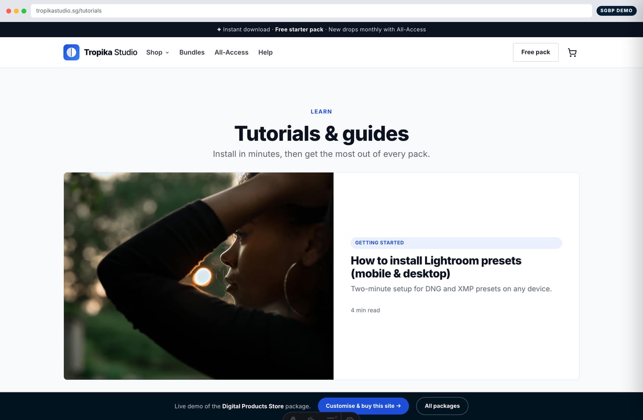Tutorials and install-guide blog on the Tropika Studio digital products store