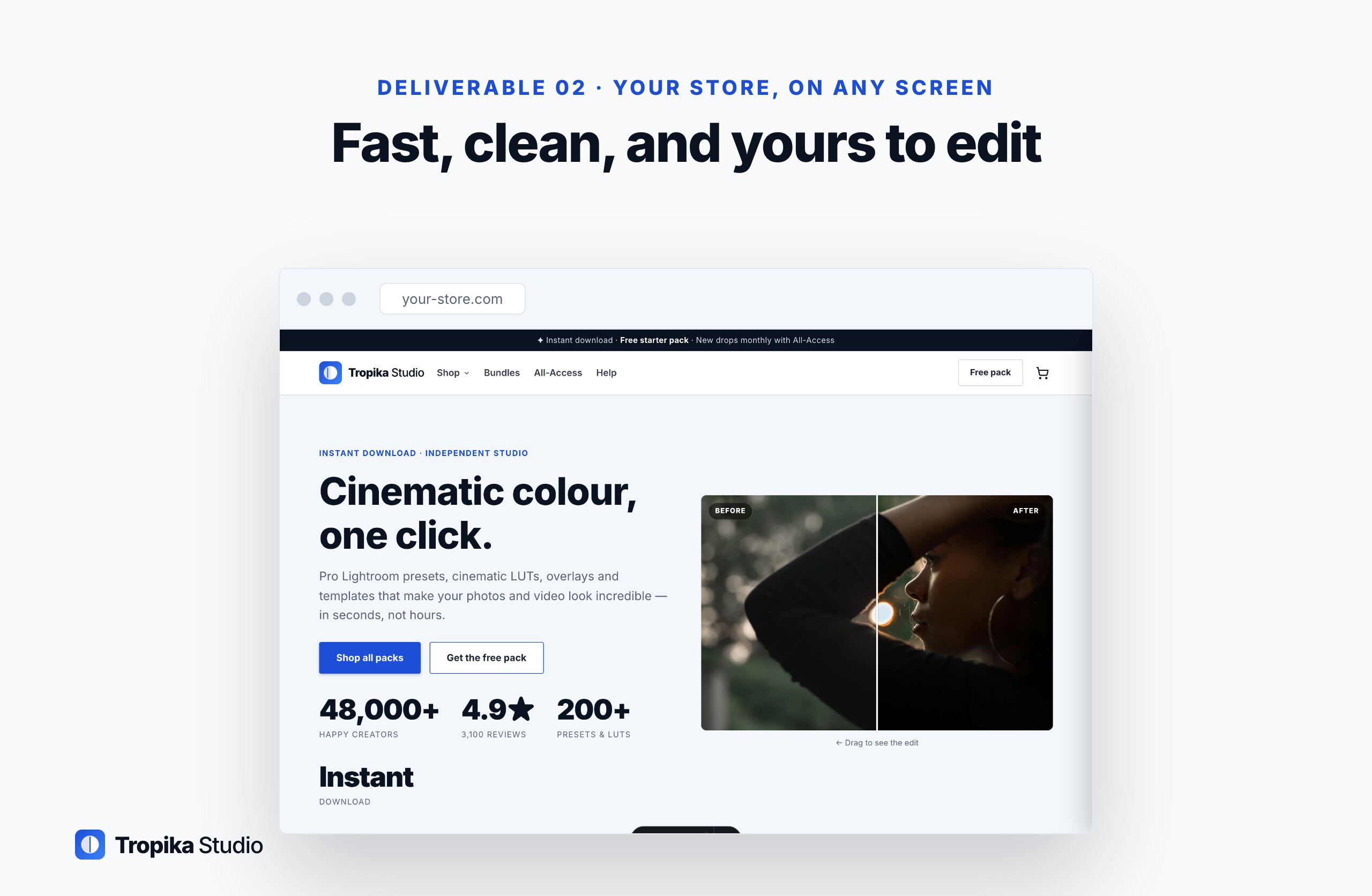The included digital products store homepage shown in a desktop browser