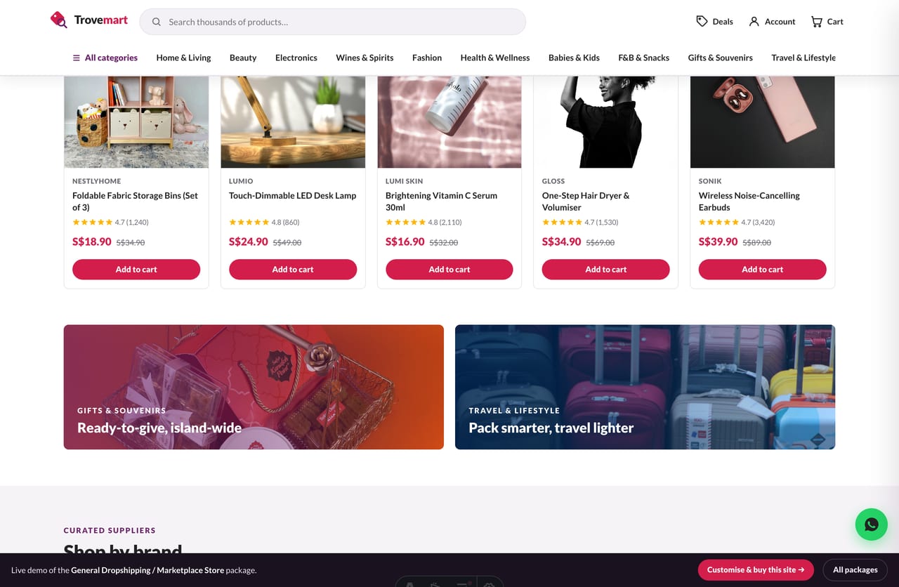 Best-sellers product grid with add-to-cart on the Trovemart marketplace